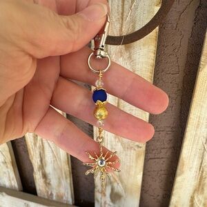 Gold and Blue Celestial Keychain Bag Charm Purse Charm Artisan Made Star Charm